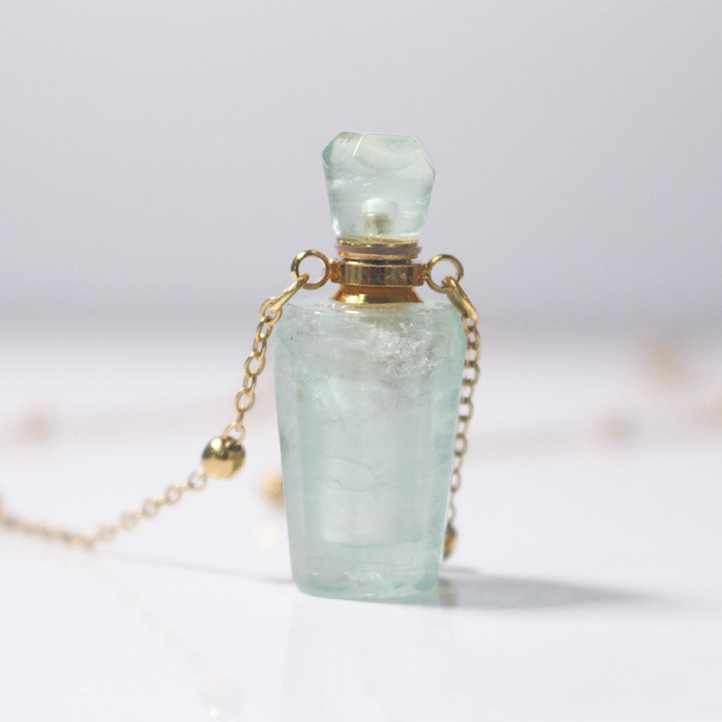 Green Fluorite Crystal Potion Bottle Necklace with Gold Chain, close-up detail