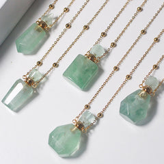Green Fluorite Crystal Potion Bottle Necklace with Gold Chain, detail view