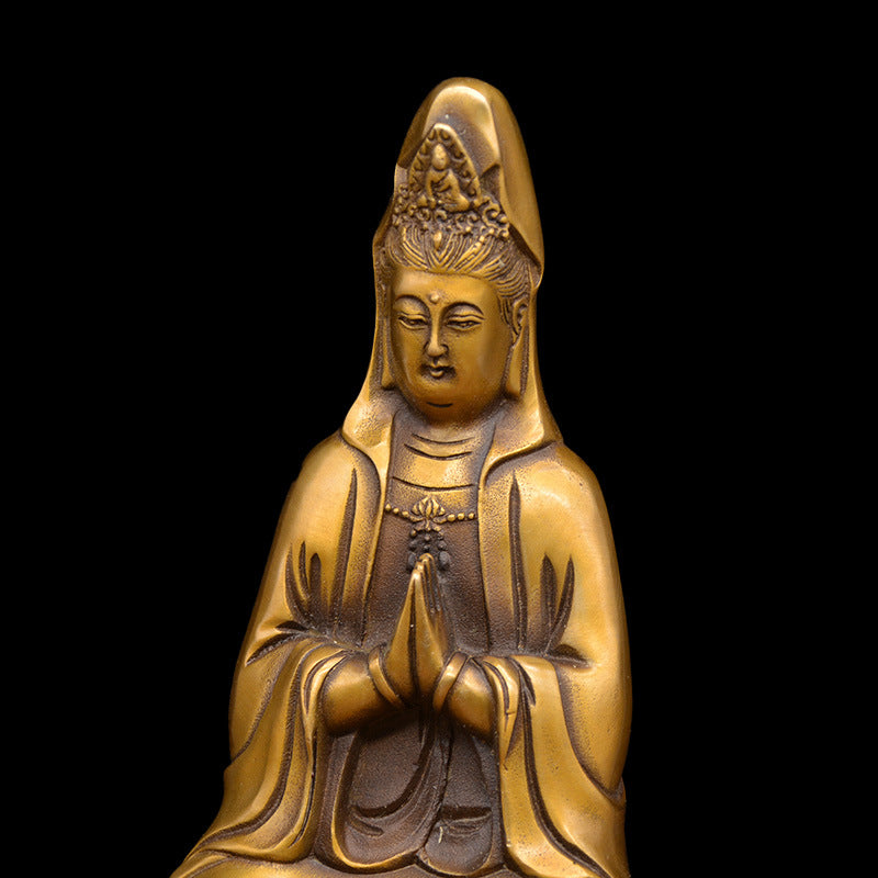 Brass Guan Yin Statue, close-up detail